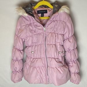 WeatherTamer girls, M/10–12 pink/lilac puffer coat with hood-faux fur trim